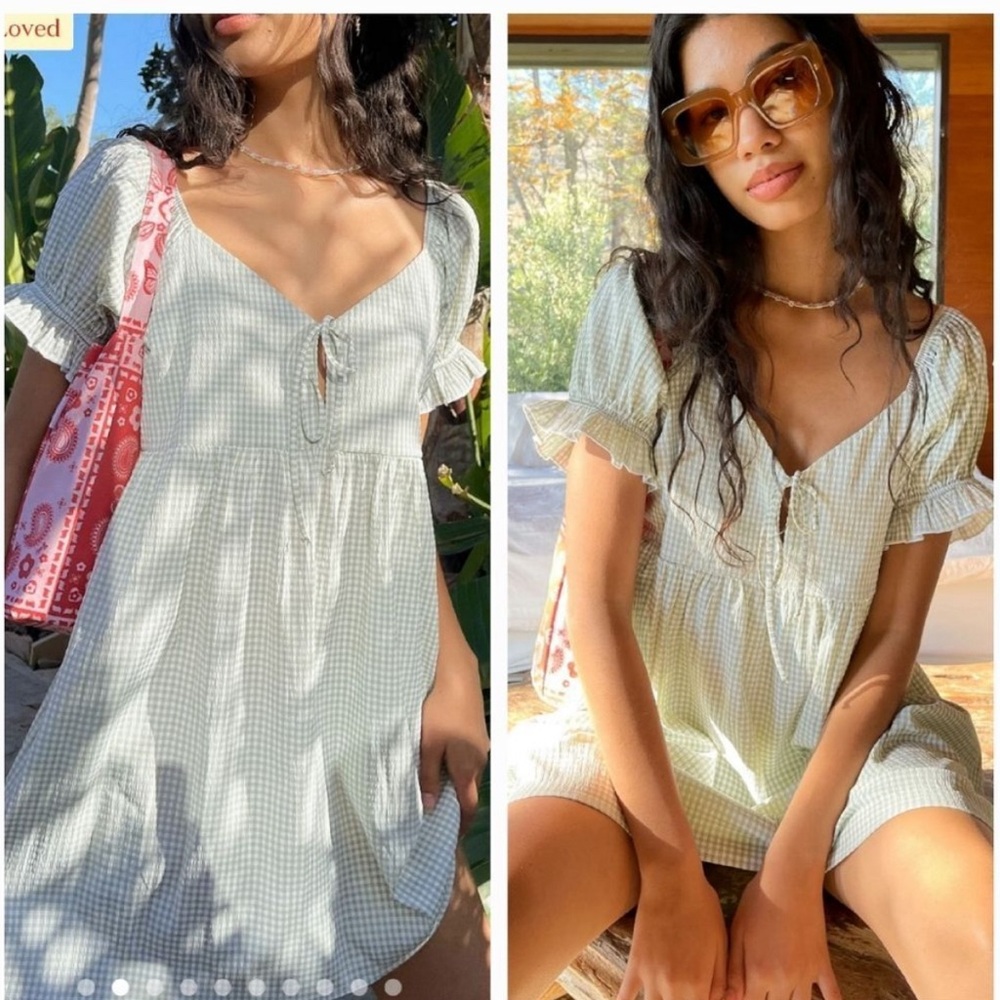 Lisa Says Gah Lily Babydoll Gingham Mini Dress in Fern Pale Green Size Large